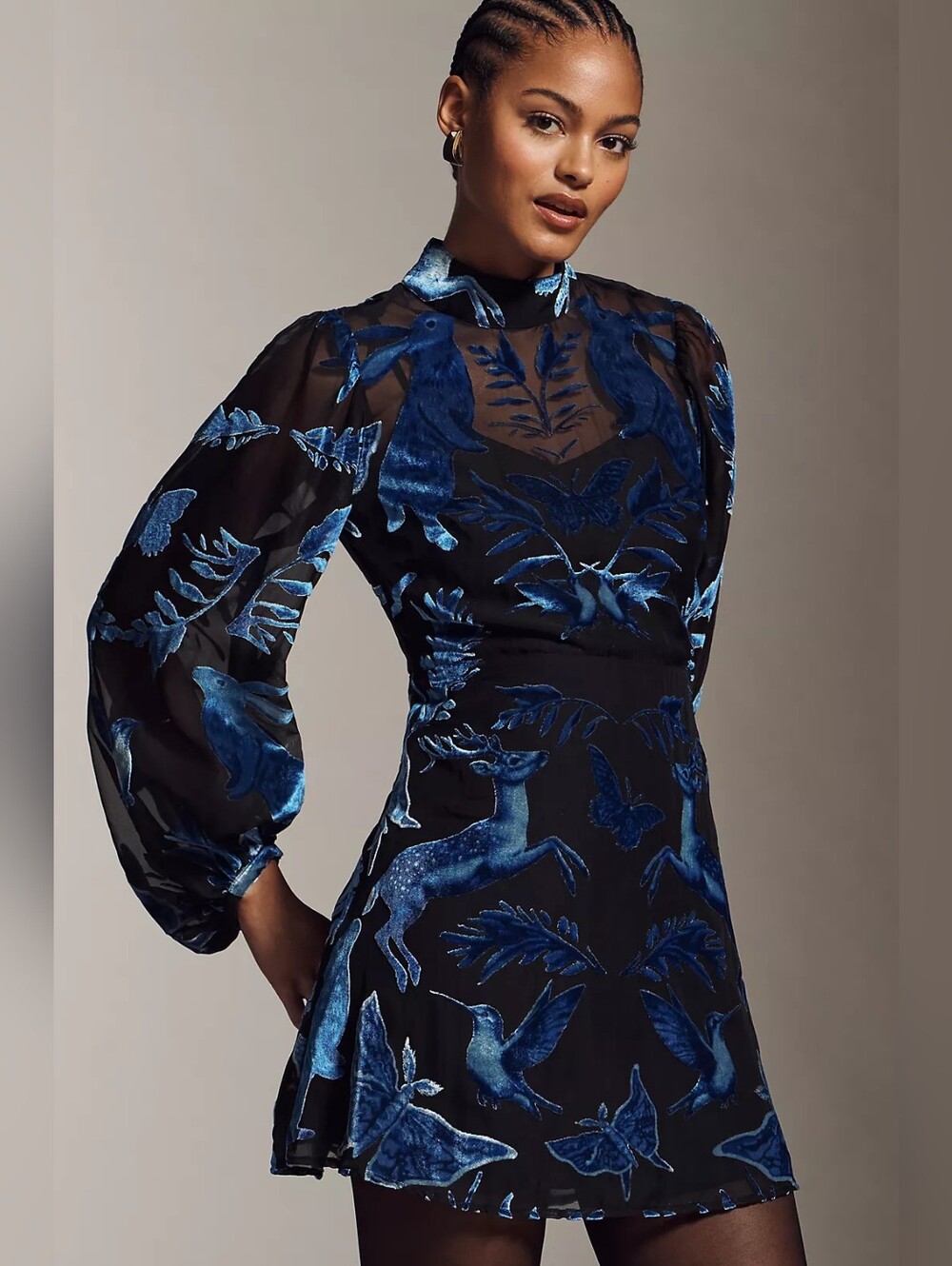 Anthropologie Velvet Burnout High-Neck Long-Sleeve Mini Dress